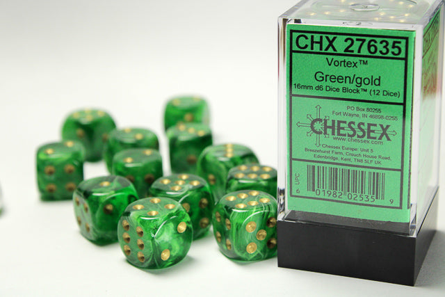 Chessex: Vortex Green / Gold 16mm 12d6 RPG | Elderwoods