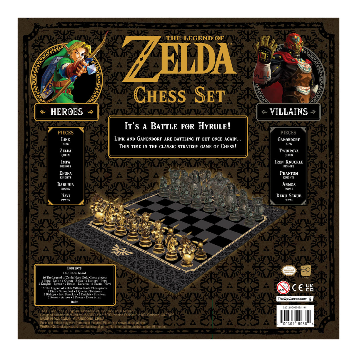 Legend Of Zelda 2025 Edition Chess Set game box back showing all chess pieces and Hyrule-themed board