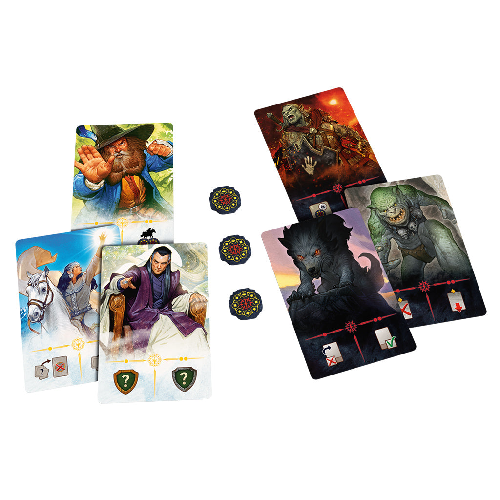 The Lord of the Rings Duel for Middle-Earth Allies board game expansion pack contents showing ally and enemy character cards with tokens