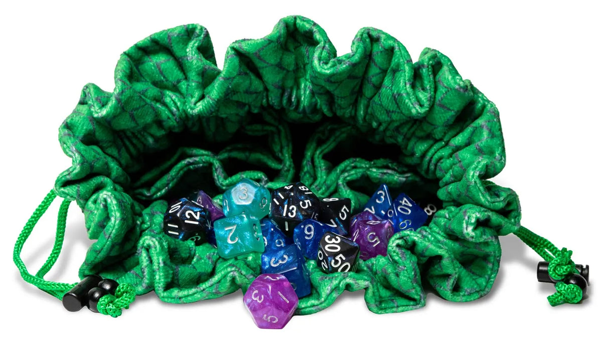 Dragon Storm Velvet Compartment Dice Bag: Green Dragon Scales packaging and product display