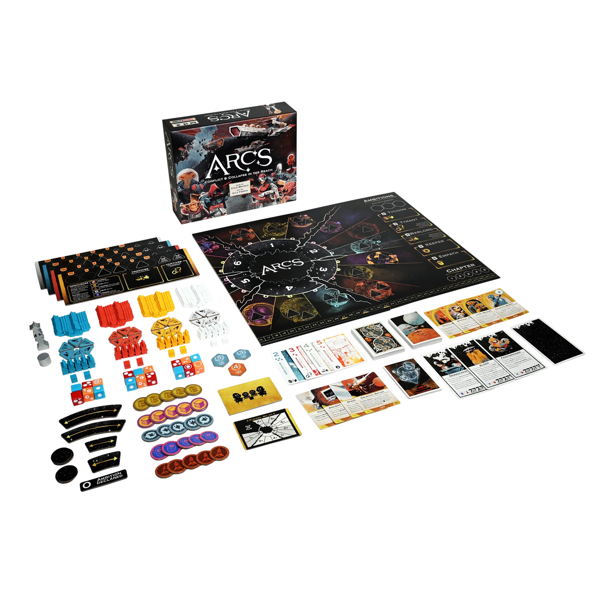 ARCS game components and faction boards