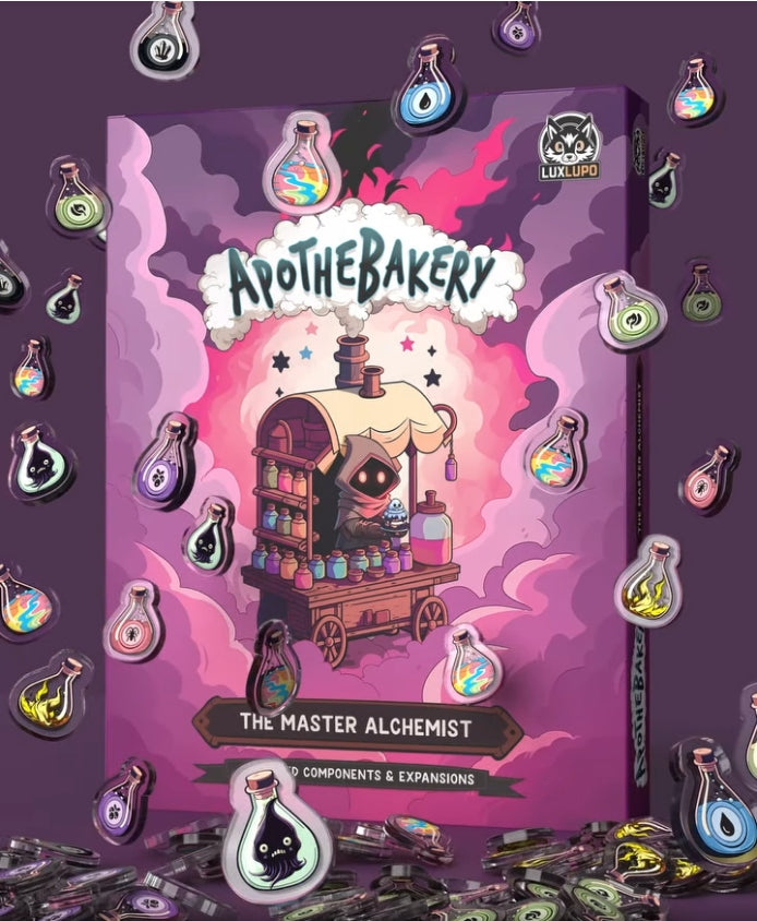 Apothebakery The Master Alchemist Expansion game components including new recipe cards and alchemist abilities