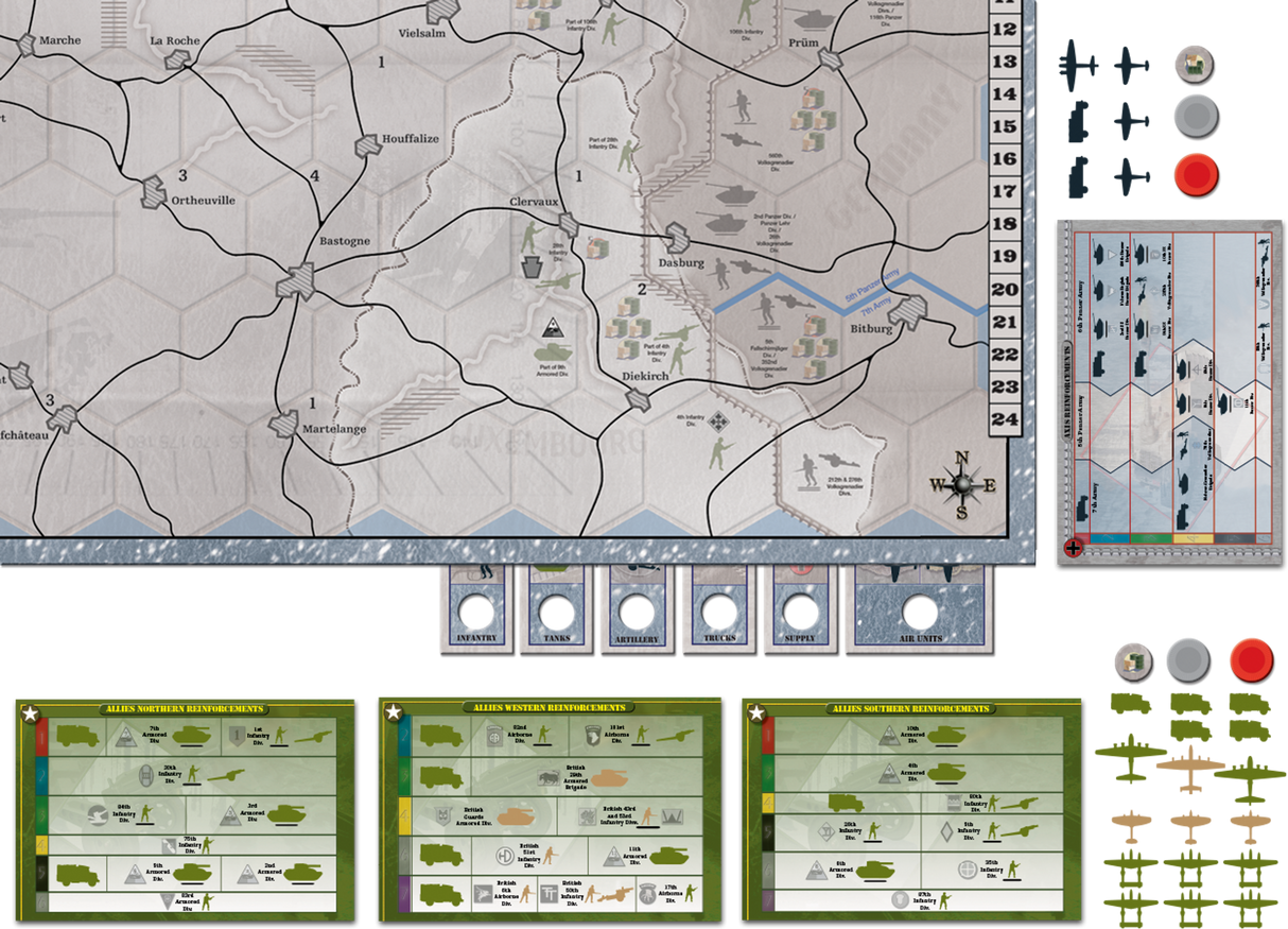 Axis & Allies: Battle of the Bulge game components and unit pieces