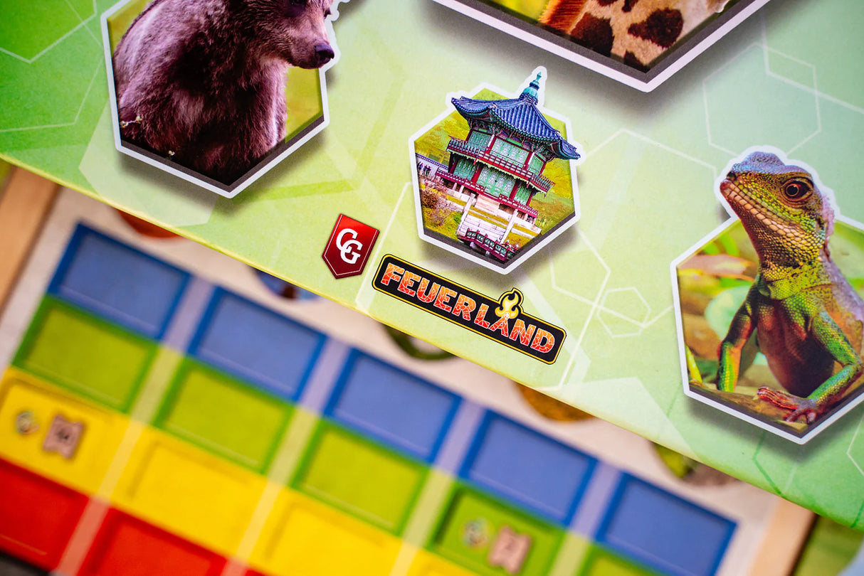 Board game with hexagonal cards featuring animals and a building, with 'Feuerland' branding.