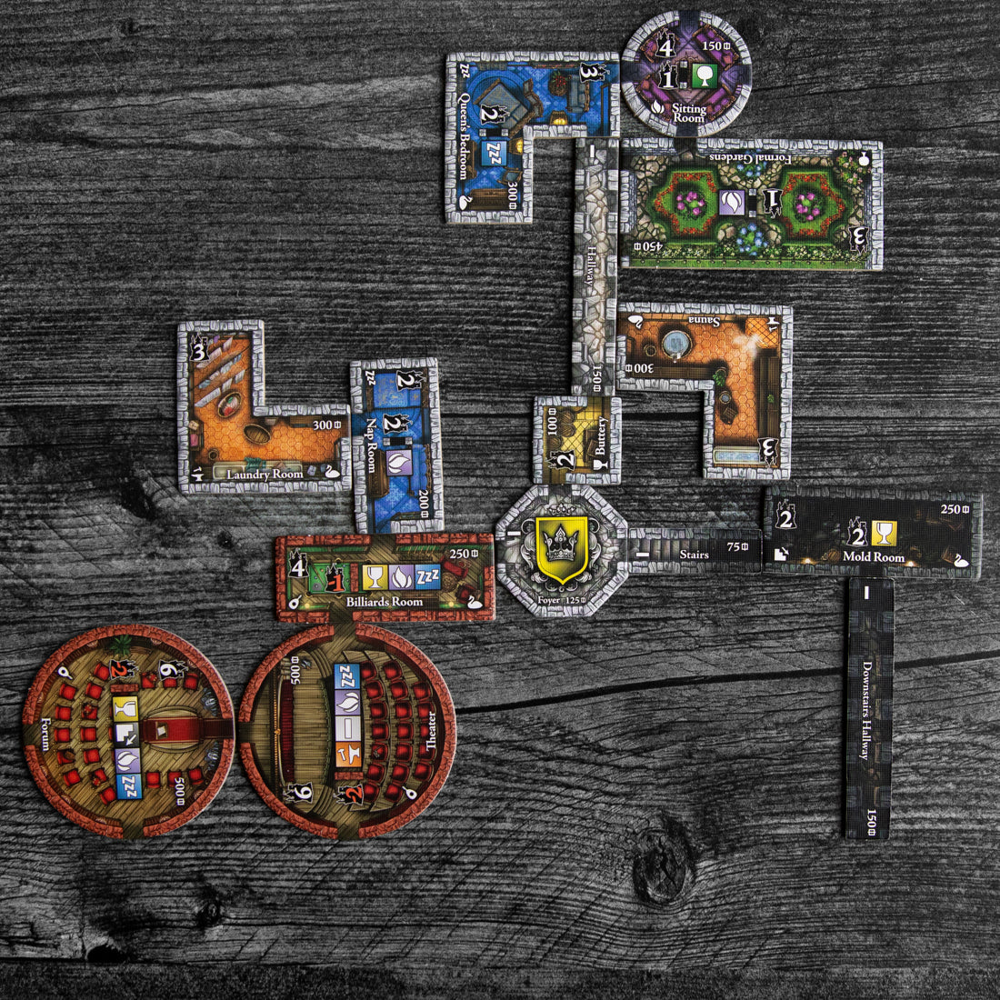 Castles of Mad King Ludwig: Second Edition game board and castle construction