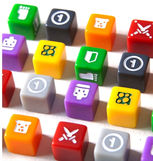 Cubitos dice pool and racing tokens