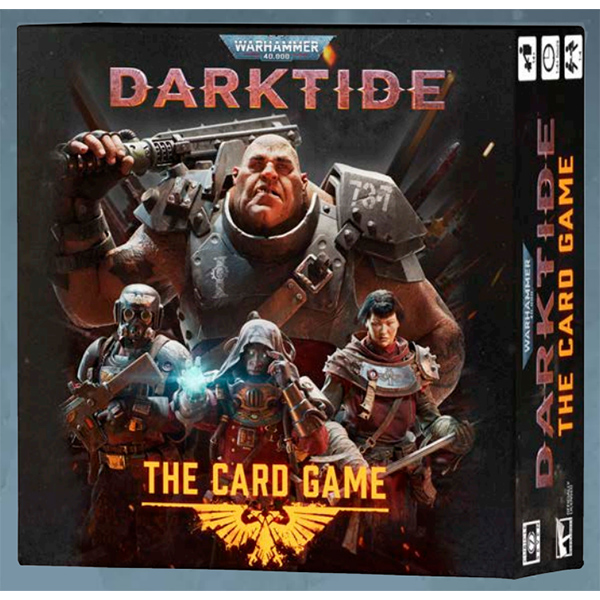 Packaging for Warhammer 40k: Darktide - The Card Game featuring illustrated characters from the game, a male character in the foreground and a female character in the background, with the game title and the phrase 'THE CARD GAME' prominently displayed.