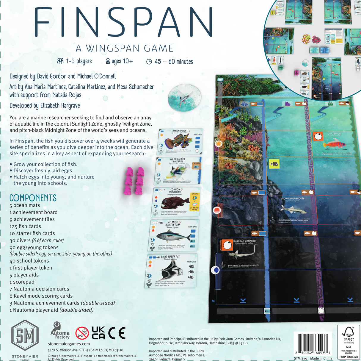 Finspan game box back showing components and gameplay overview