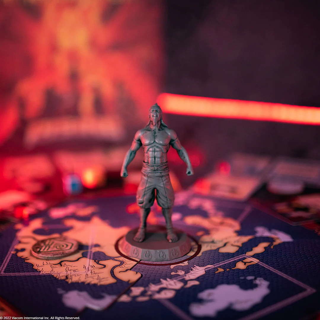 Fire Nation Rising Avatar the Last Airbender gameplay setup with fire nation villain miniature Lord Ozai