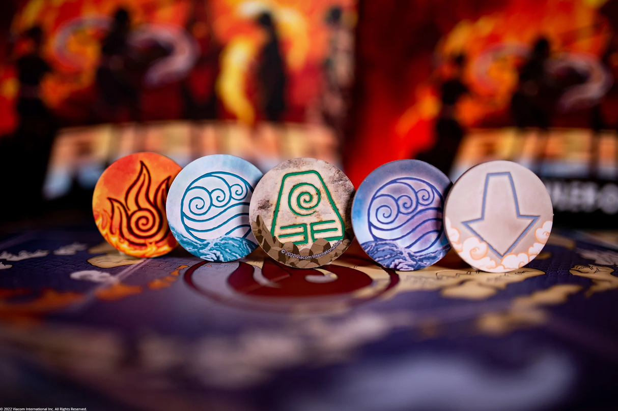 Fire Nation Rising Avatar the Last Airbender detailed game components including fire, water, earth, air bending tokens