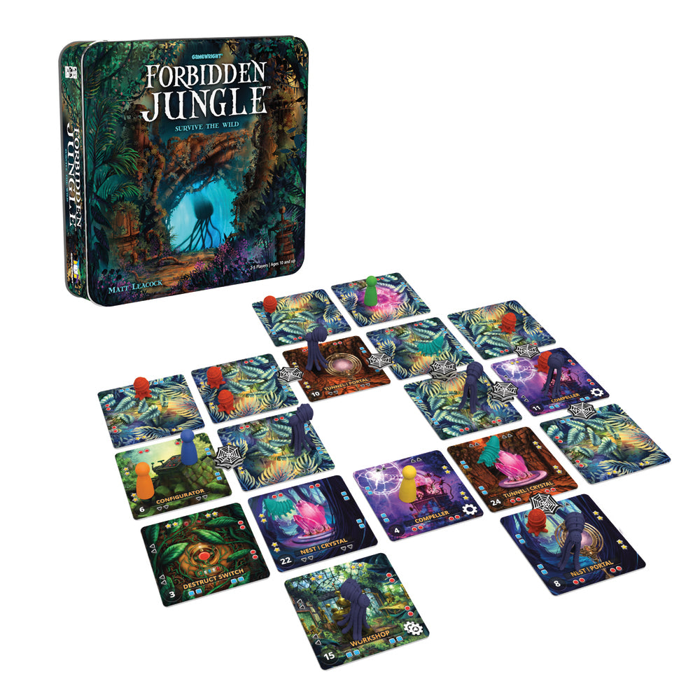 Forbidden Jungle - Survive the Wild (tin) board game components and cards