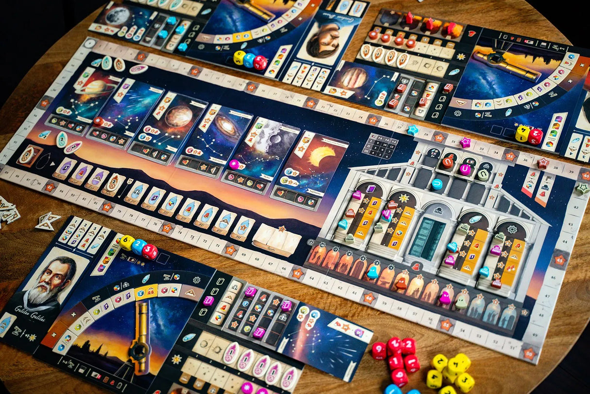 Galileo Galilei game components and player boards
