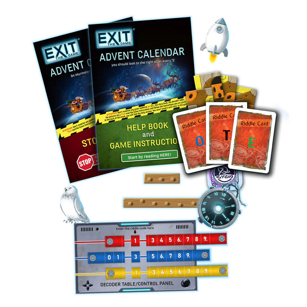 Exit Advent Calendar: The Intergalactic Race game components and puzzle materials