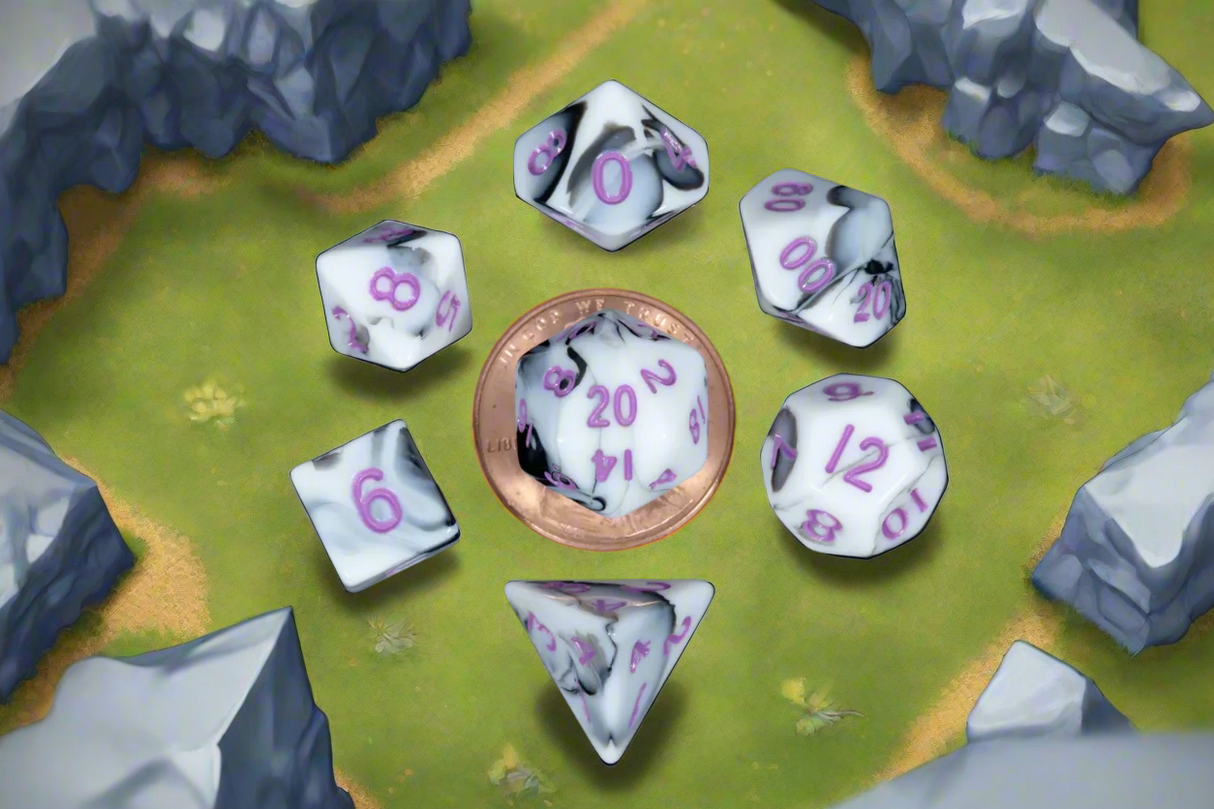 7 count Mini Marble with Purple Numbers Dice Games