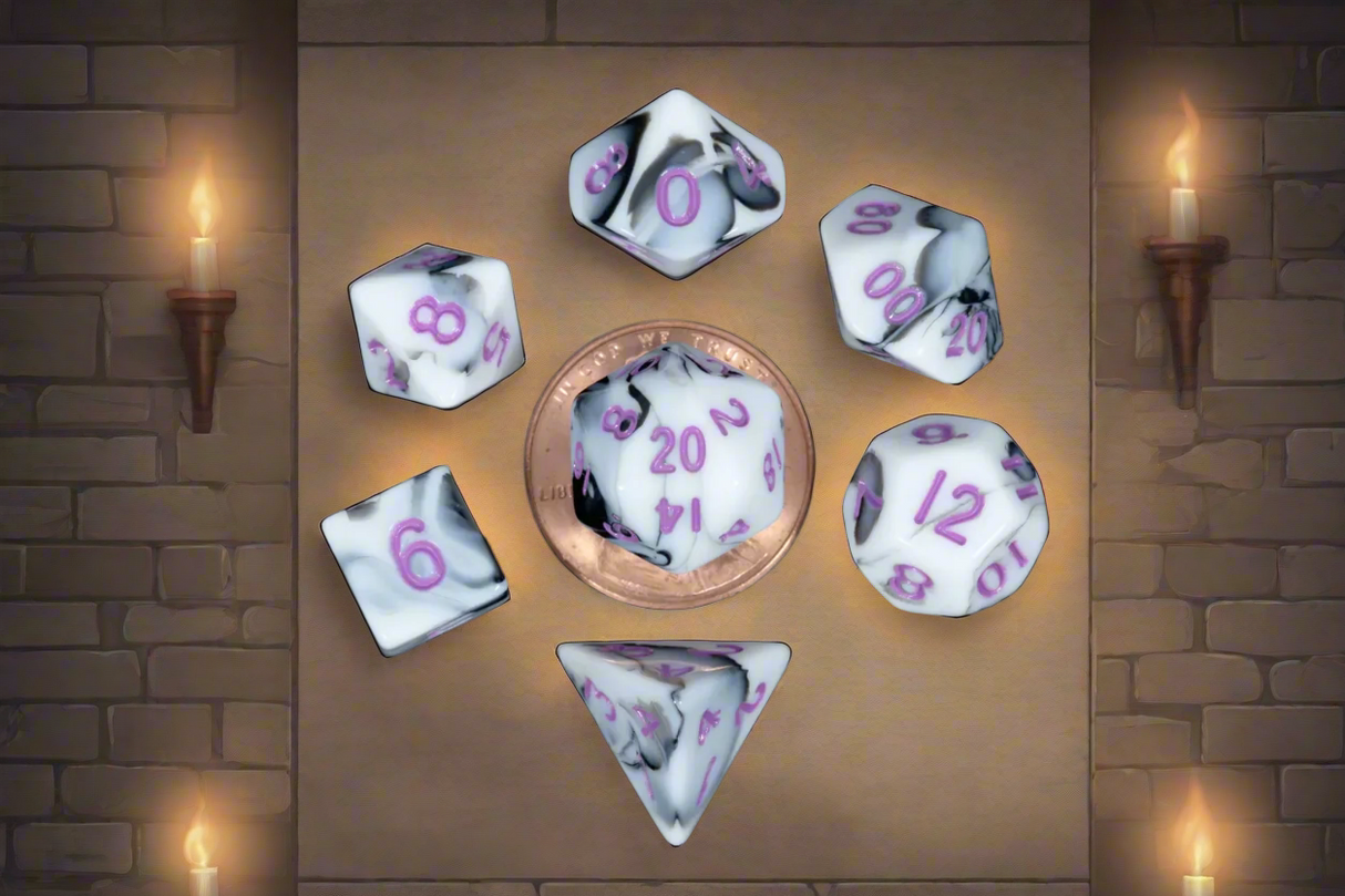 7 count Mini Marble with Purple Numbers Dice Games