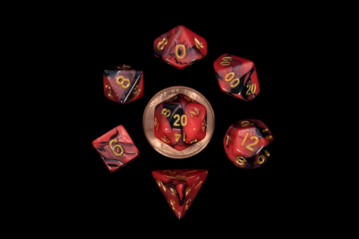 7 Count Mini Red & Black with Gold Numbers Poly Dice