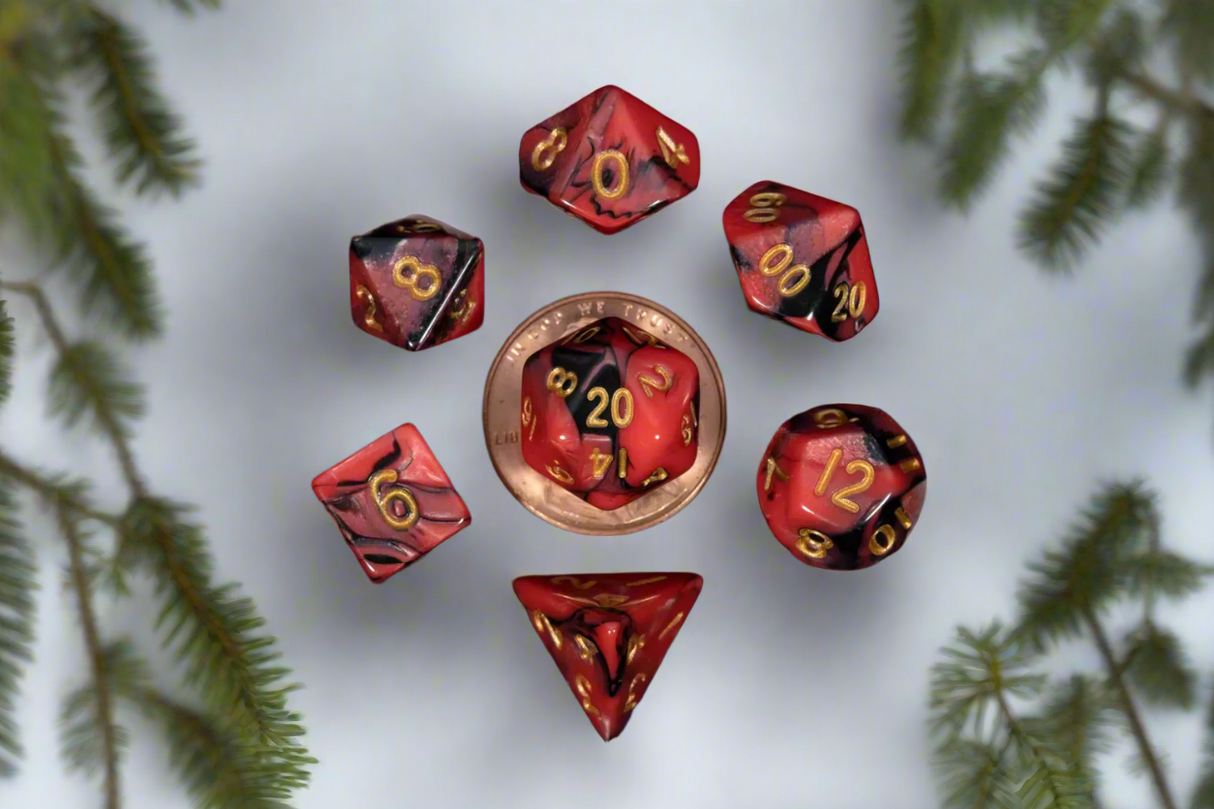 7 Count Mini Red & Black with Gold Numbers Poly Dice