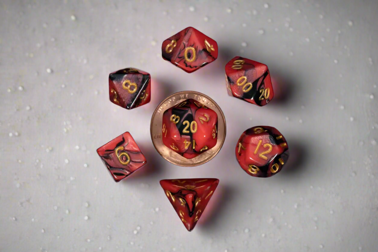 7 Count Mini Red & Black with Gold Numbers Poly Dice