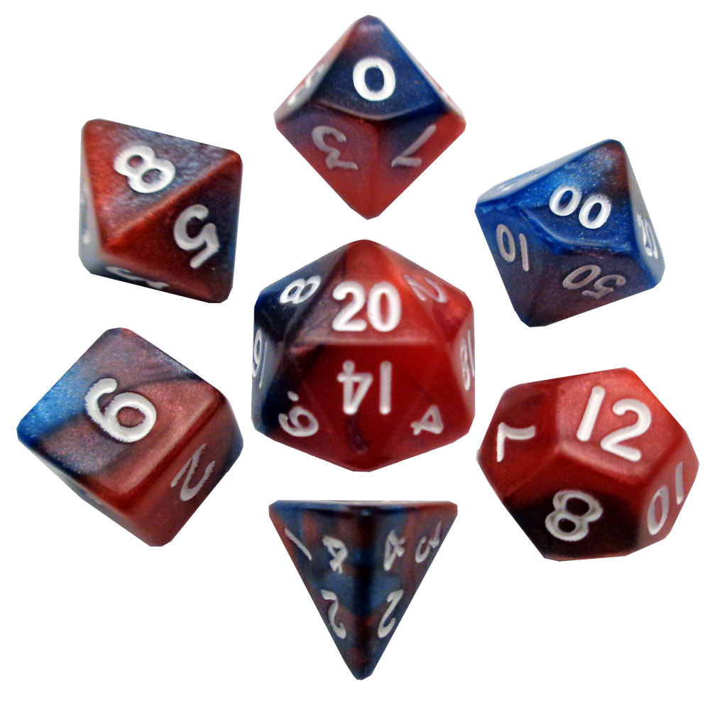 7 count 10 mm Mini poly Dice Red / Blue w/ White Numbers