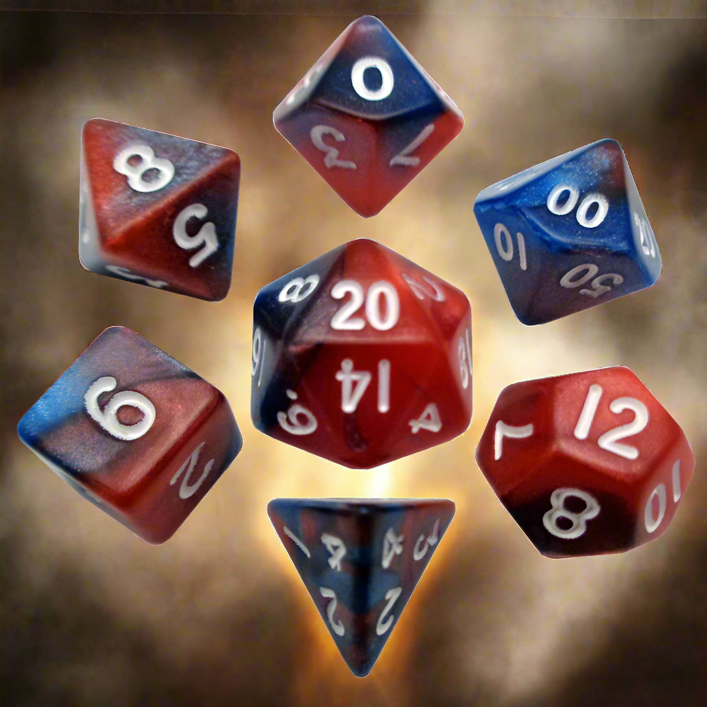 7 count 10 mm Mini poly Dice Red / Blue w/ White Numbers