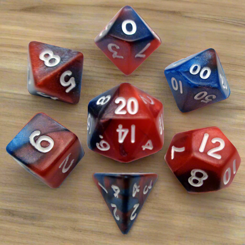 7 count 10 mm Mini poly Dice Red / Blue w/ White Numbers
