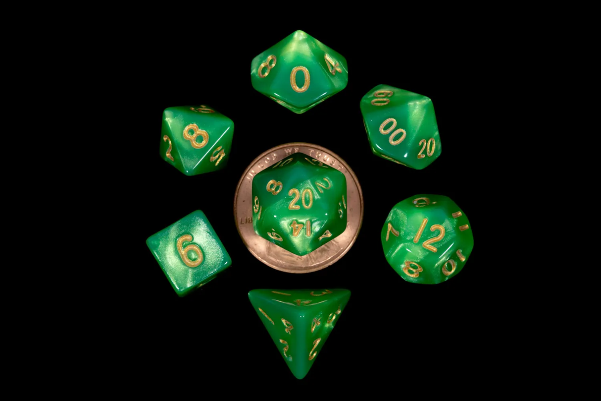 7 Count Mini Poly Dice Grean & Light Green with Gold Numbers