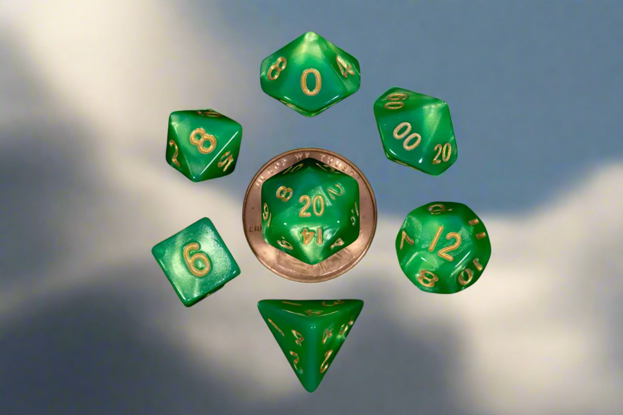 7 Count Mini Poly Dice Grean & Light Green with Gold Numbers