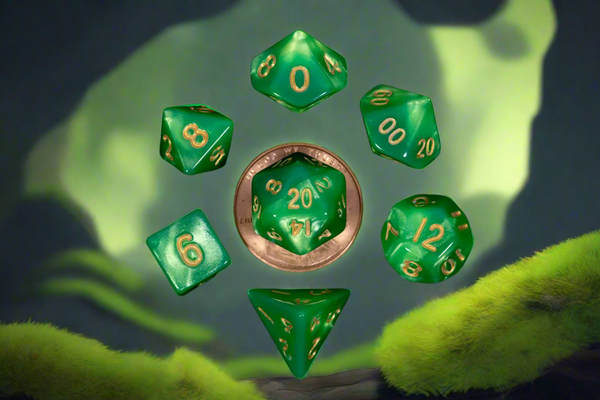 7 Count Mini Poly Dice Grean & Light Green with Gold Numbers