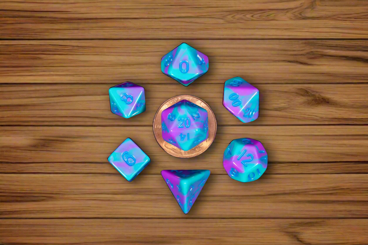 7 count Mini Purple & Teal with Blue Numbers Dice Games