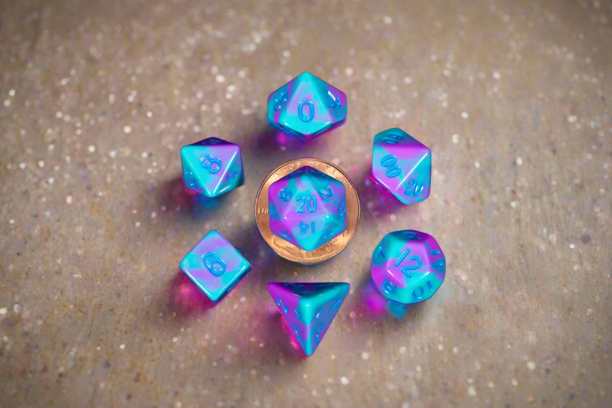 7 count Mini Purple & Teal with Blue Numbers Dice Games