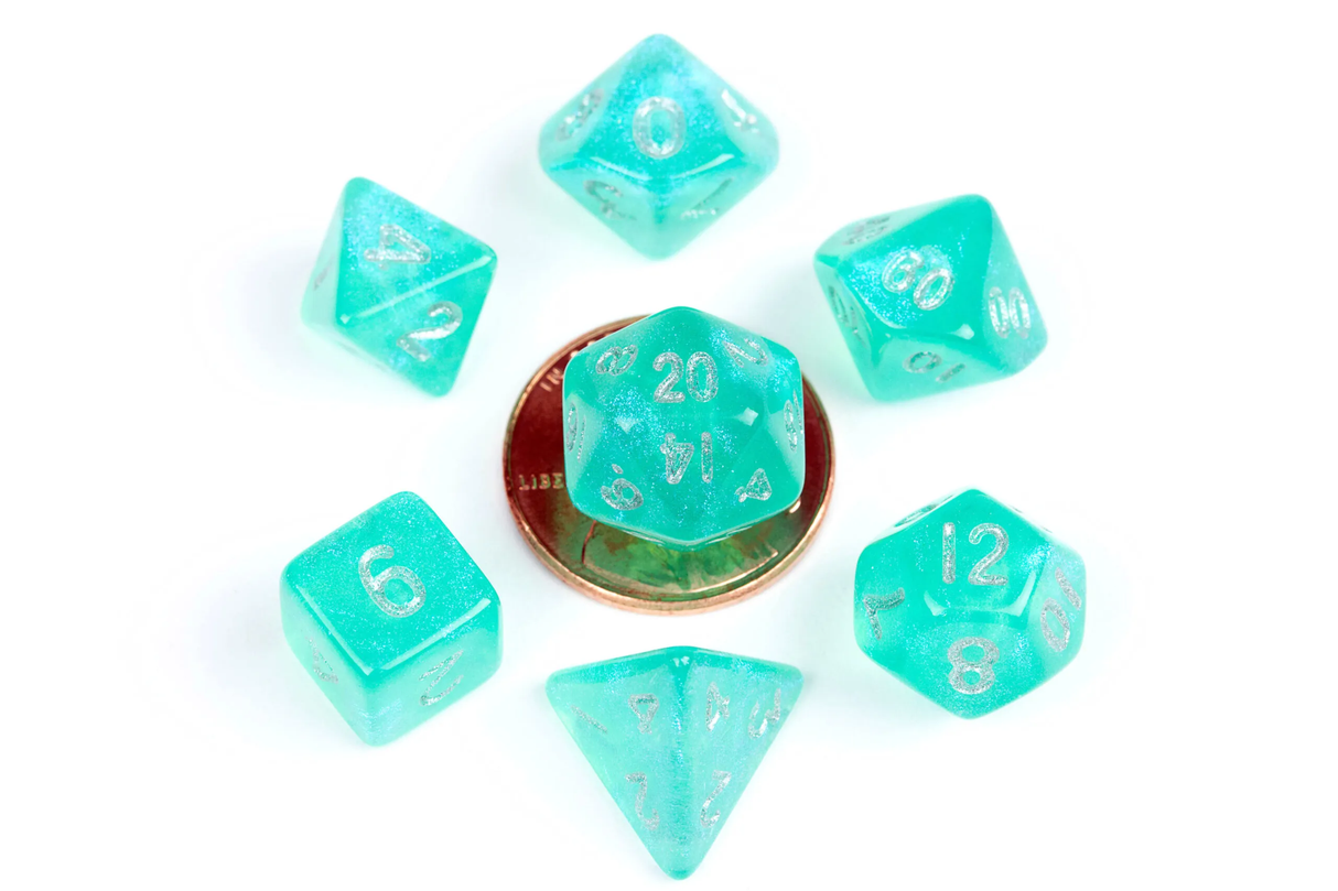 7 Count Mini Poly Stardust Teal Dice Set