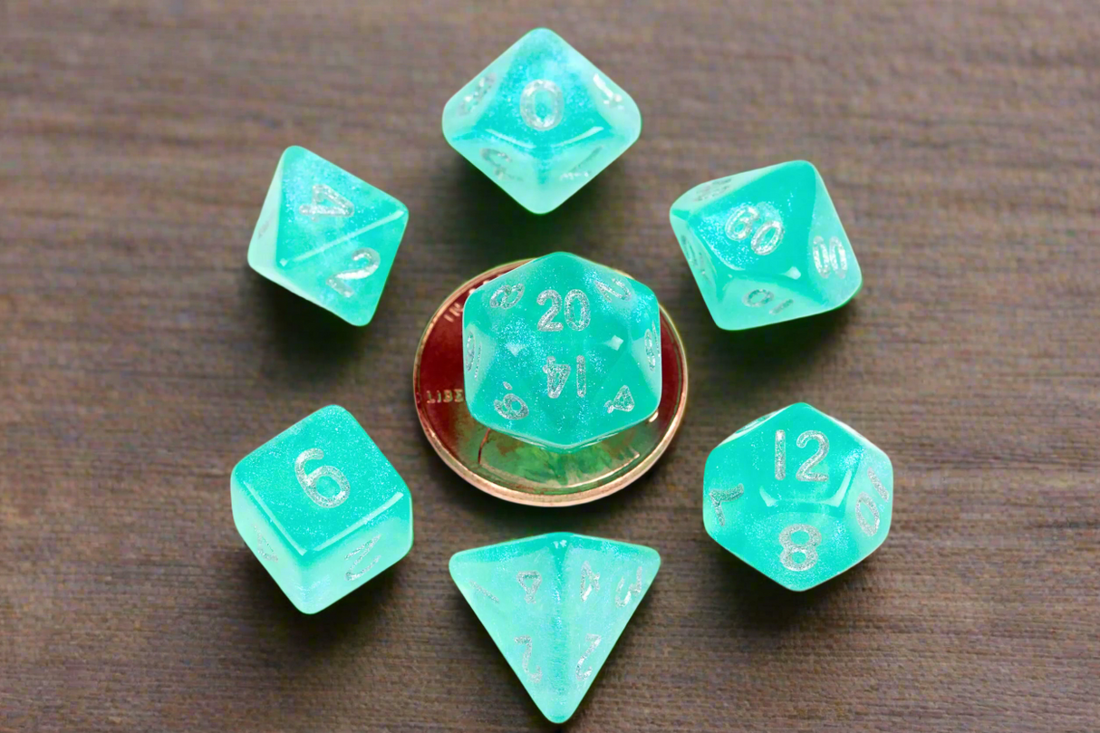 7 Count Mini Poly Stardust Teal Dice Set