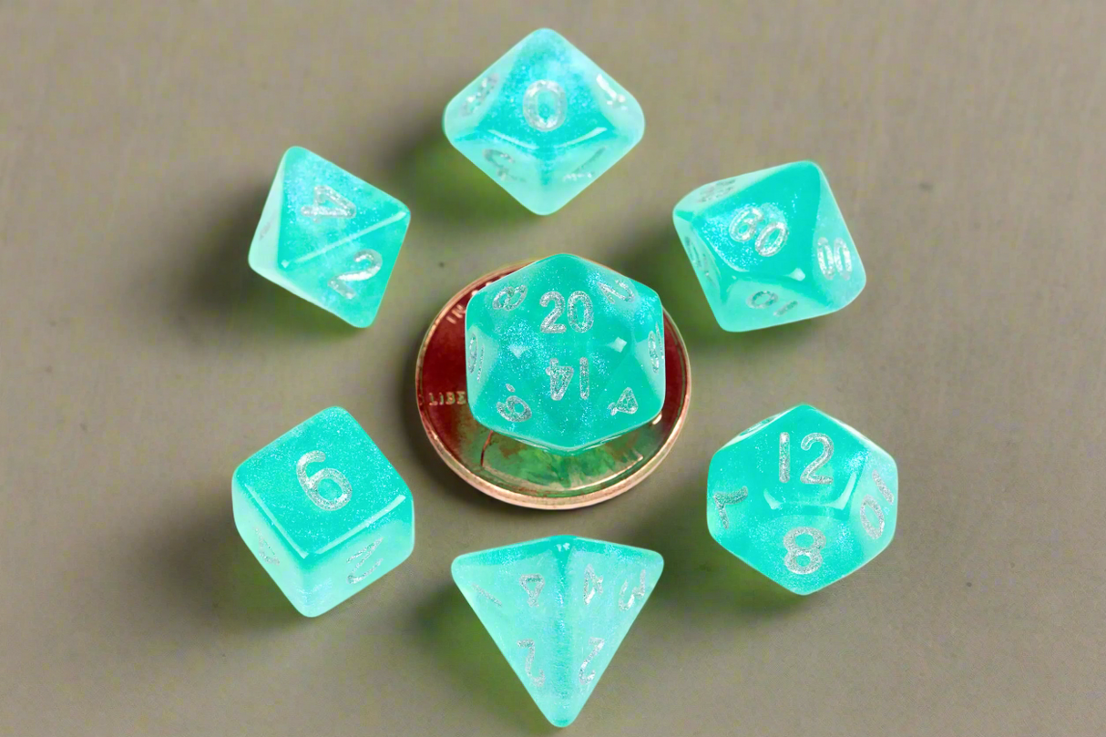 7 Count Mini Poly Stardust Teal Dice Set