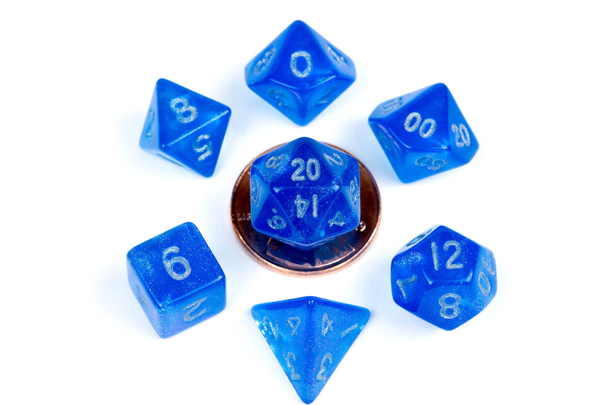 7 Count Mini Poly Stardust Dice Set Stardust Blue w/ Silver Numbers