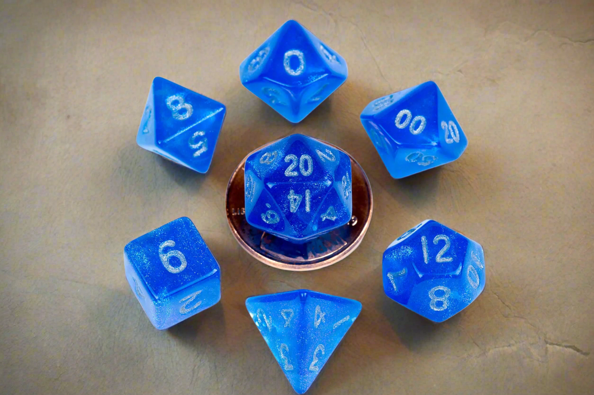 7 Count Mini Poly Stardust Dice Set Stardust Blue w/ Silver Numbers