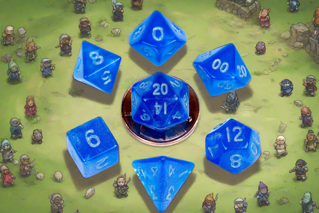 7 Count Mini Poly Stardust Dice Set Stardust Blue w/ Silver Numbers