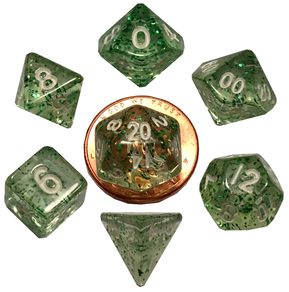 7 Count Mini Dice Poly Set Ethereal Green with White Numbers