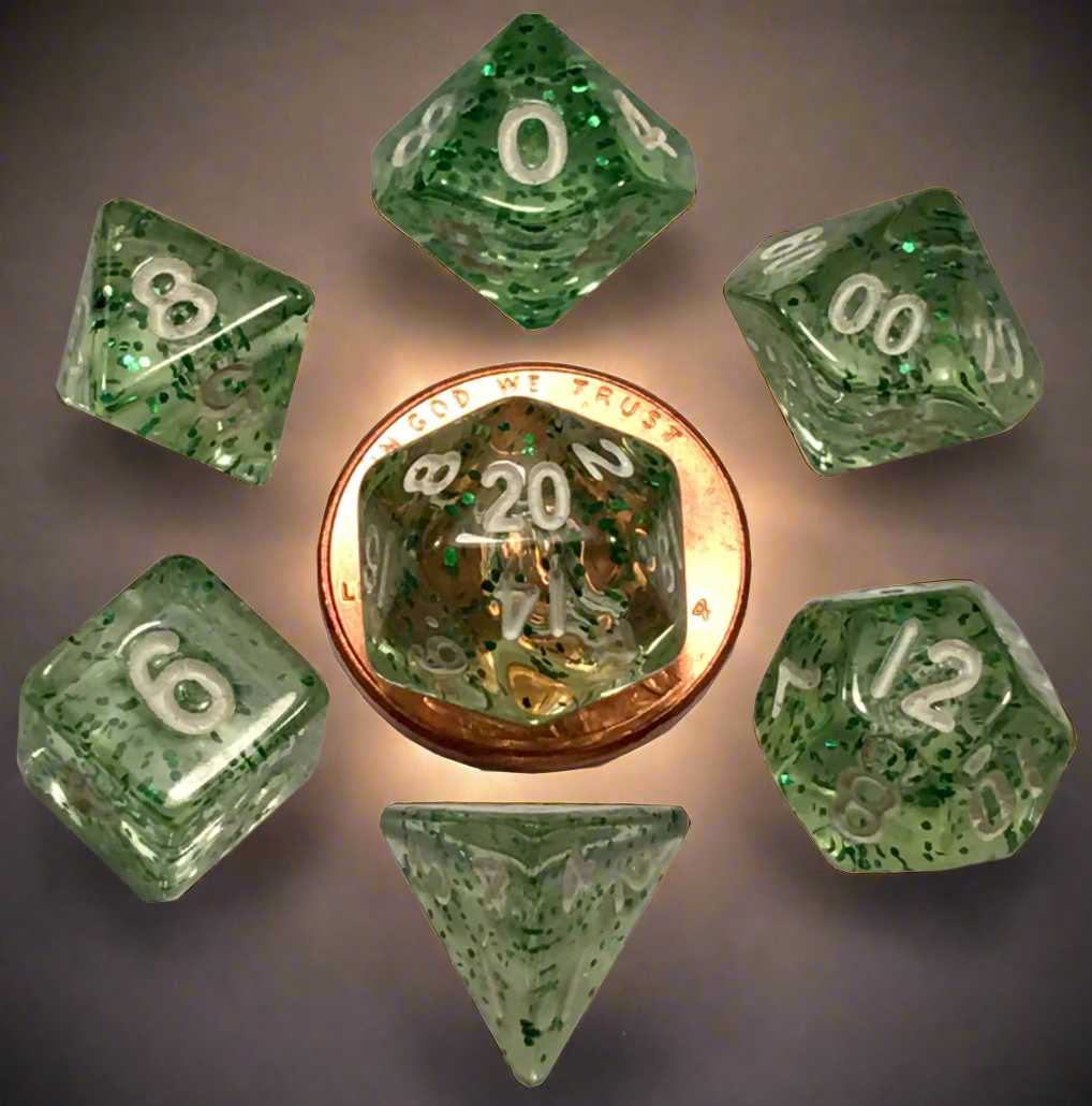 7 Count Mini Dice Poly Set Ethereal Green with White Numbers