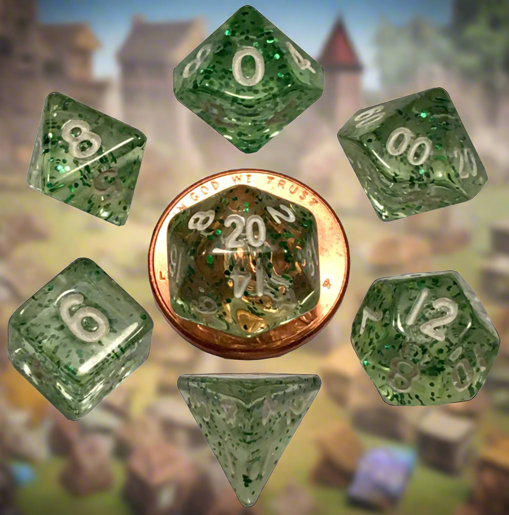 7 Count Mini Dice Poly Set Ethereal Green with White Numbers
