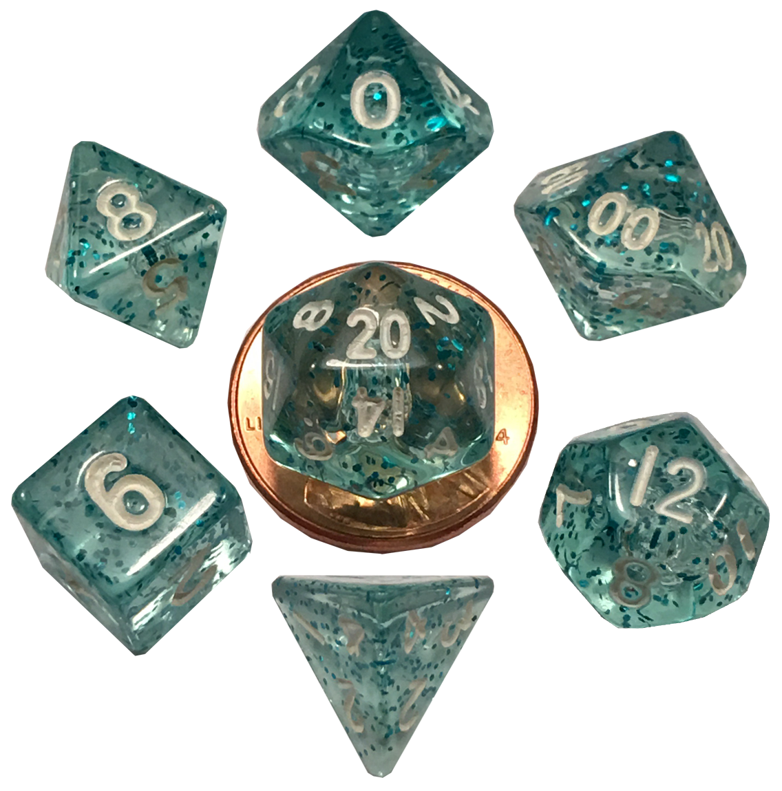 7 Count Set Mini Poly Dice Ethereal Light Blue with White Numbers