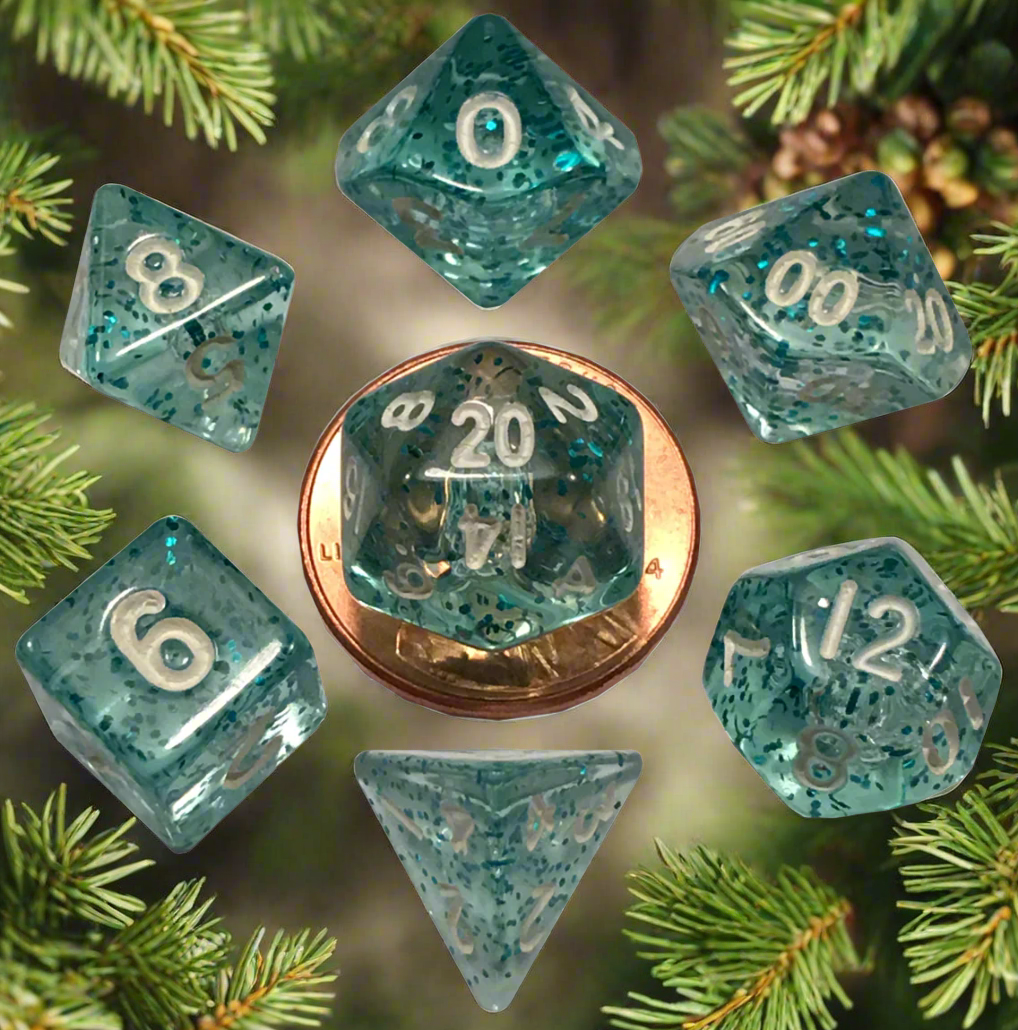 7 Count Set Mini Poly Dice Ethereal Light Blue with White Numbers