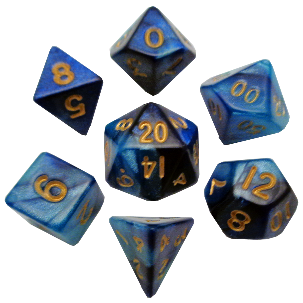 7 Count Poly Dice Set Blue and Light Blue Resin Dice With Gold Numbers