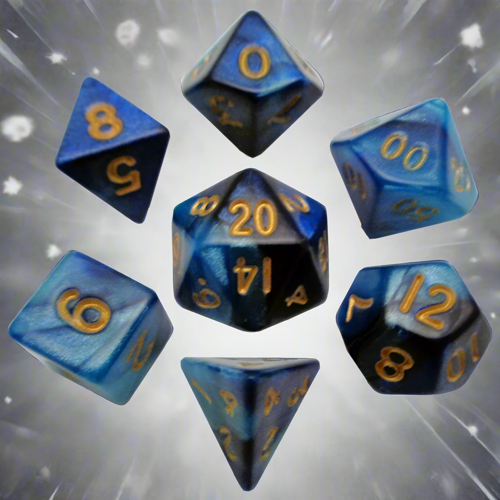7 Count Poly Dice Set Blue and Light Blue Resin Dice With Gold Numbers