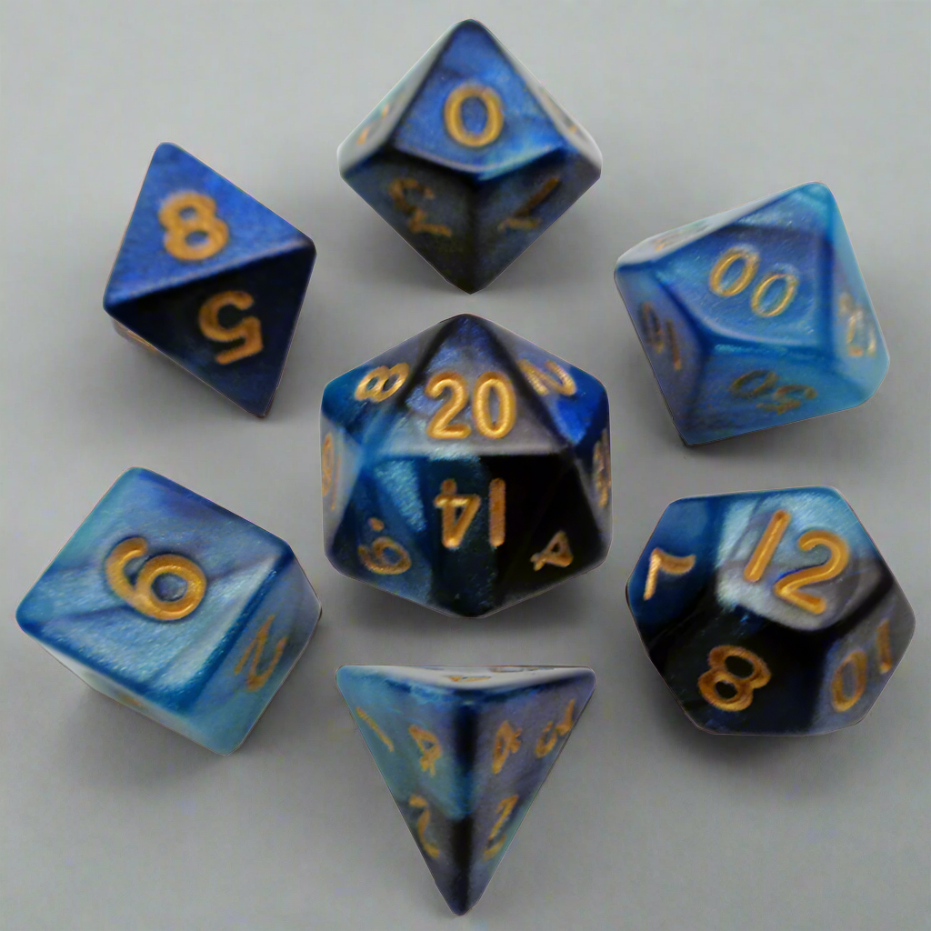 7 Count Poly Dice Set Blue and Light Blue Resin Dice With Gold Numbers