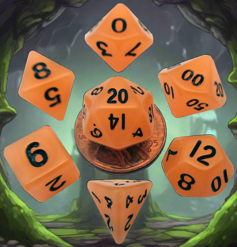 7 Count Mini Poly Dice Orange with Black Numbers