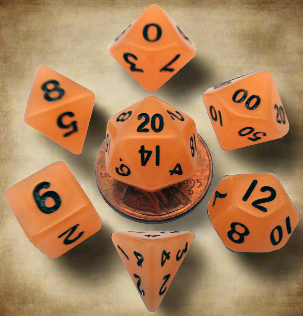 7 Count Mini Poly Dice Orange with Black Numbers