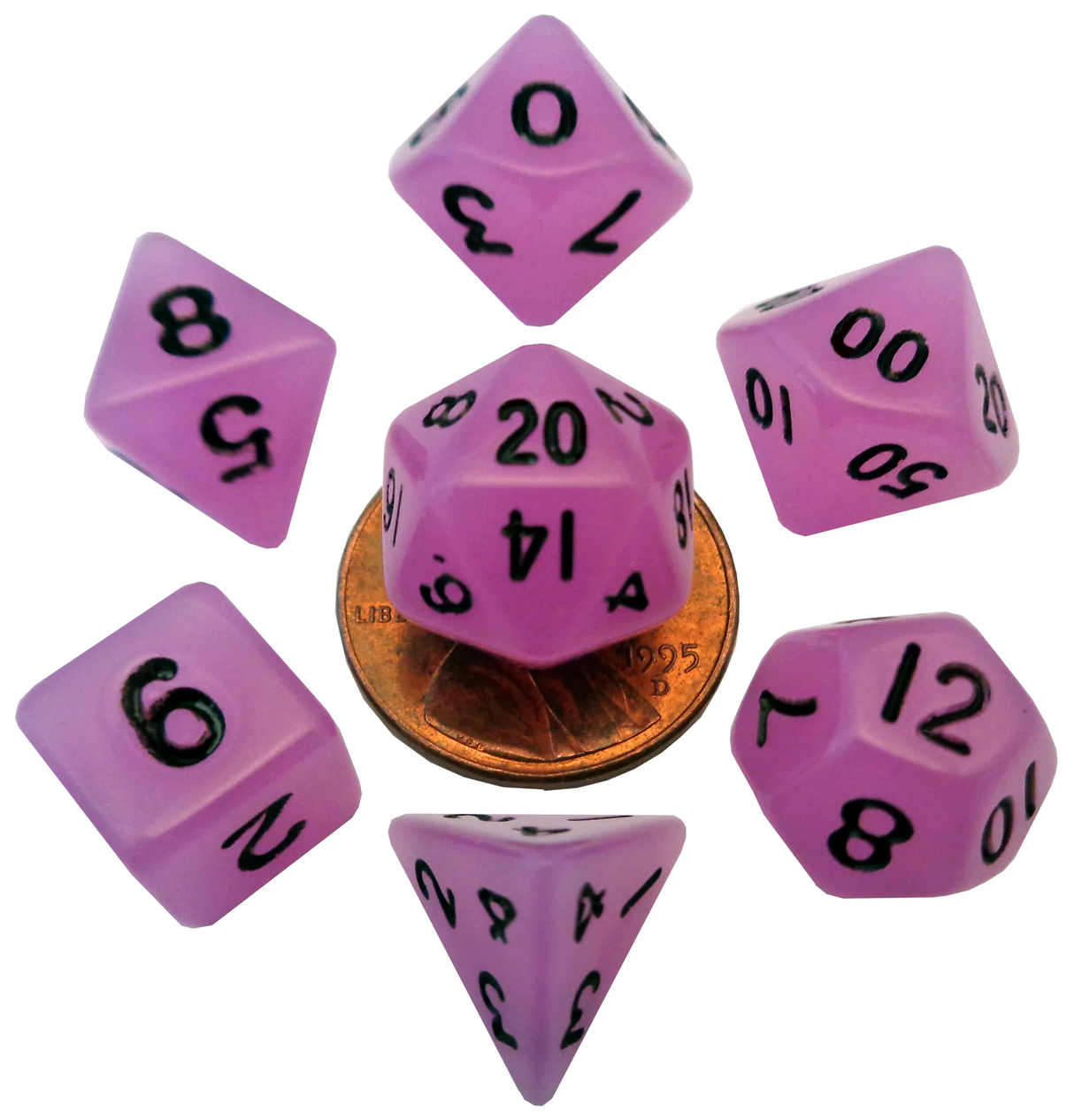 7 Count Mini Polyhedral Dice Set - Glow Purple w/ Black numbers