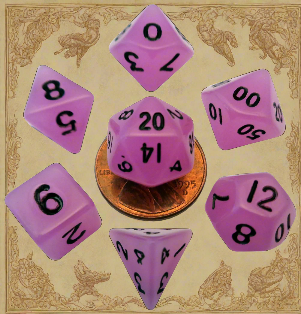 7 Count Mini Polyhedral Dice Set - Glow Purple w/ Black numbers