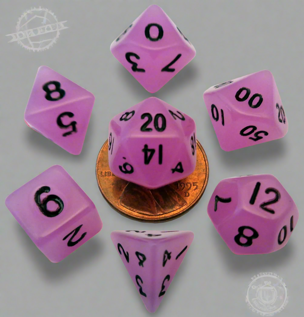7 Count Mini Polyhedral Dice Set - Glow Purple w/ Black numbers