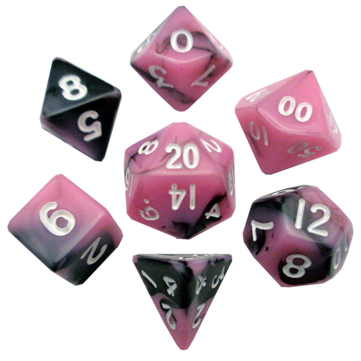 7 Count Mini Poly Dice Set: Pink/Black with White Numbers